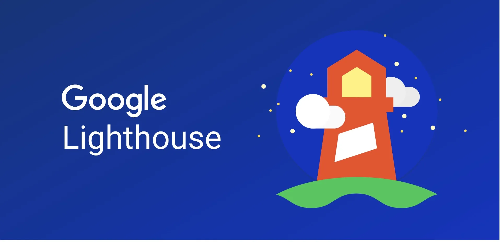Logo Google Lighthouse, représentant un phare rouge avec une fenêtre jaune, des nuages blancs et des étoiles jaunes sur un fond bleu.